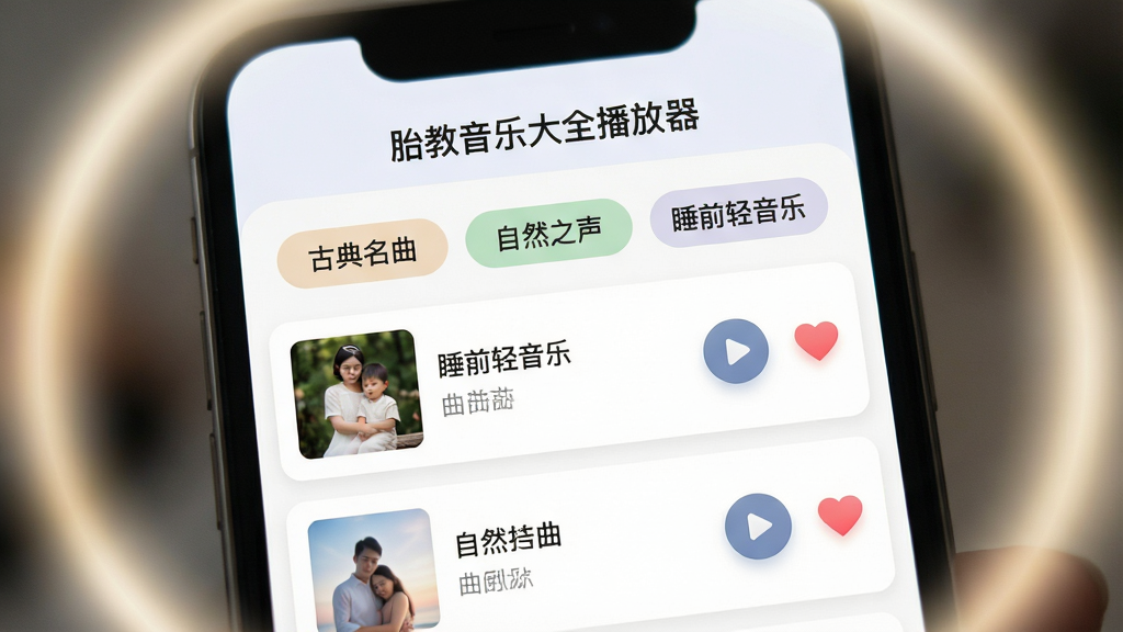 图片主体为手机屏幕特写,界面展示“胎教音乐大全播放器”的曲库列表,有分类标签如“古典名曲”“自然之声”“睡前轻音乐”。布局采用居中构图,四周带有柔和光晕,排版干净清爽。风格扁平化结合微拟物,细节包括歌曲名称、播放按钮、心形收藏图标,画质清晰锐利,背景虚化,无多余元素。