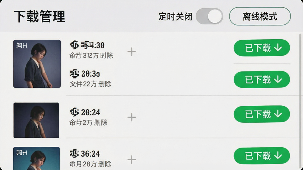 图片主体为手机App的“下载管理”界面,展示已缓存歌曲列表,每首歌右侧有“已下载”绿色标识。布局采用列表式,顶部有“定时关闭”开关和“离线模式”按钮。风格清爽简约,细节包括歌曲时长、文件大小、删除按钮,画质清晰,背景为浅灰色,无多余元素。