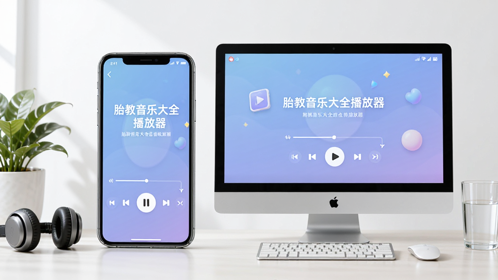 图片主体为手机和电脑并排摆放,屏幕上同时显示“胎教音乐大全播放器”的播放界面。布局采用对称构图,左侧为手机竖屏,右侧为电脑横屏。风格干净明亮,细节包括耳机、绿植、水杯,画质高清新锐,无多余元素。