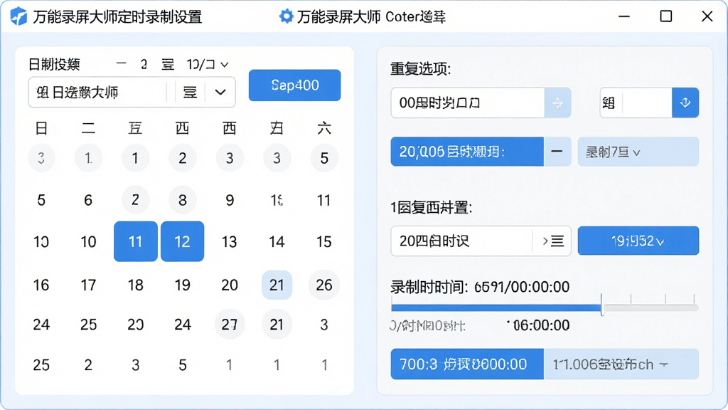 主体:万能录屏大师定时录制设置面板,显示日期选择器与时间轴。布局:左侧为日历控件,右侧为时间设置与重复选项。排版:控件排列整齐,文字清晰。风格:浅色背景,蓝色按钮。细节:日历上高亮显示录制日期,时间轴显示录制时长。画质:高清细腻,干净无多余元素。