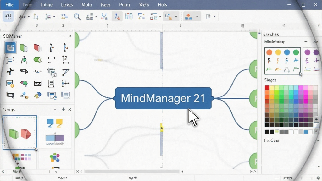 һ��MindManager 21�����༭����ľֲ��Ŵ�ͼ������������һ�����ڱ༭�ĵ�ͼ�ڵ㣬��Χ������ͼ��⡢��ʽģ�����ɫѡ���������ָ����ͣ��һ����ɫͼ���ϣ����ֳ������ḻ�Ŀ��ӻ��༭���ܣ��������������ֺ������ɾ���������ֱ�ע��MindManager 21��