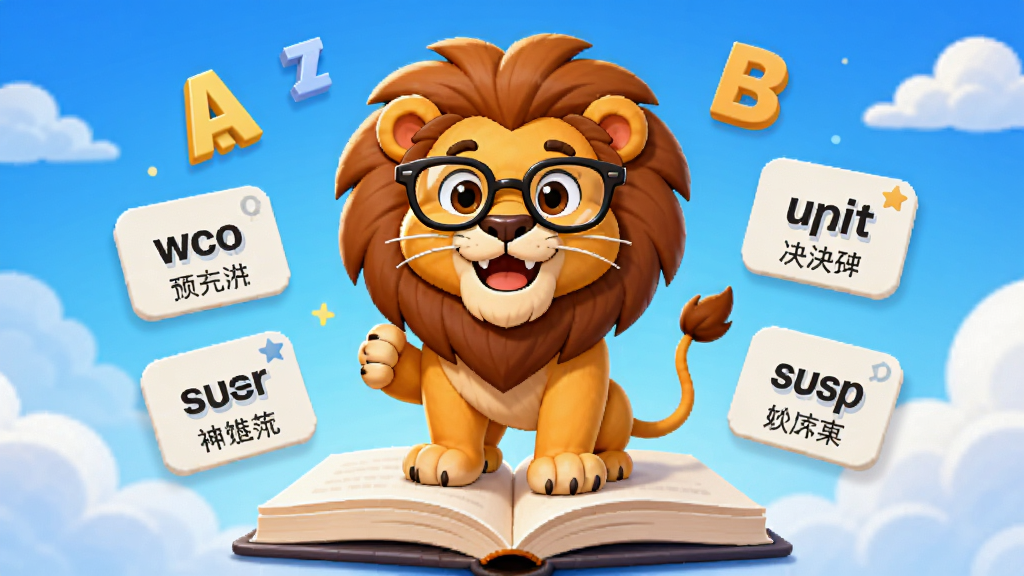 一决词雄学习软件主视觉图,主体为卡通雄狮戴着眼镜站在书本上,周围漂浮着英文字母和单词卡片,背景为渐变的蓝色天空和云朵,排版居中,风格活泼明快,细节包括卡片上的单词和中文释义,画质高清,干净,无多余元素