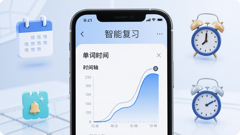 一决词雄智能记忆引擎功能预览图,主体为手机屏幕界面显示单词复习时间轴和记忆曲线图表,周围有日历图标和提醒闹钟,布局为左右分栏,风格科技感,细节包括“智能复习”字样,画质清晰,干净,无多余元素