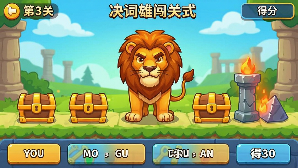 一决词雄闯关模式游戏界面截图,主体为关卡地图上的雄狮角色,前方有多个宝箱和障碍,界面底部显示单词选项,风格卡通游戏化,细节包括“第3关”和“得分”字样,画质明亮,干净,无多余元素
