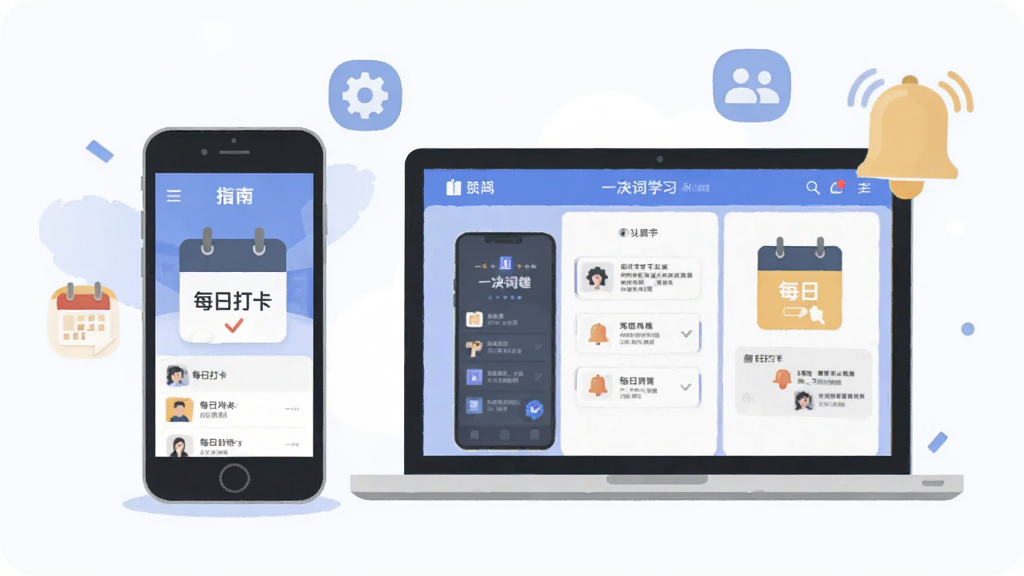 一决词雄使用指南插图,主体为手机和笔记本电脑并排显示学习界面,周围有设置图标和提醒铃铛,布局简洁,风格扁平化,细节包括“每日打卡”字样,画质干净,无多余元素