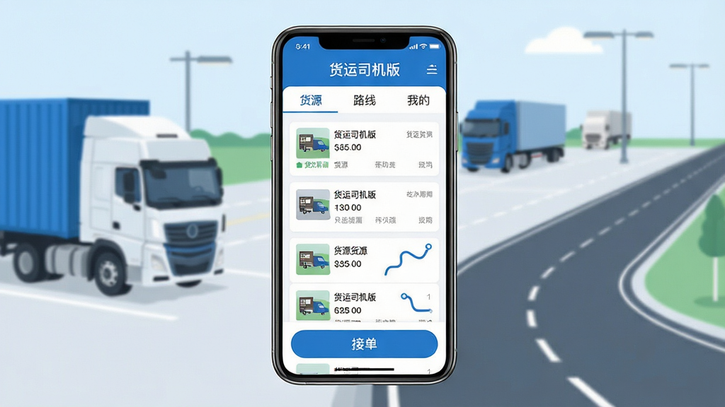 主体:货运司机版APP界面展示,手机屏幕显示货源列表和接单按钮,背景为简洁的物流货运场景,有卡车和公路元素。布局:手机居中,界面清晰,上方显示“货运司机版”字样,下方为列表和按钮。排版:干净整齐,信息层次分明。风格:现代扁平化设计,色彩以蓝色和白色为主。细节:屏幕内容可辨,包含“货源”、“路线”、“我的”等标签。画质:高清,干净,无多余元素。