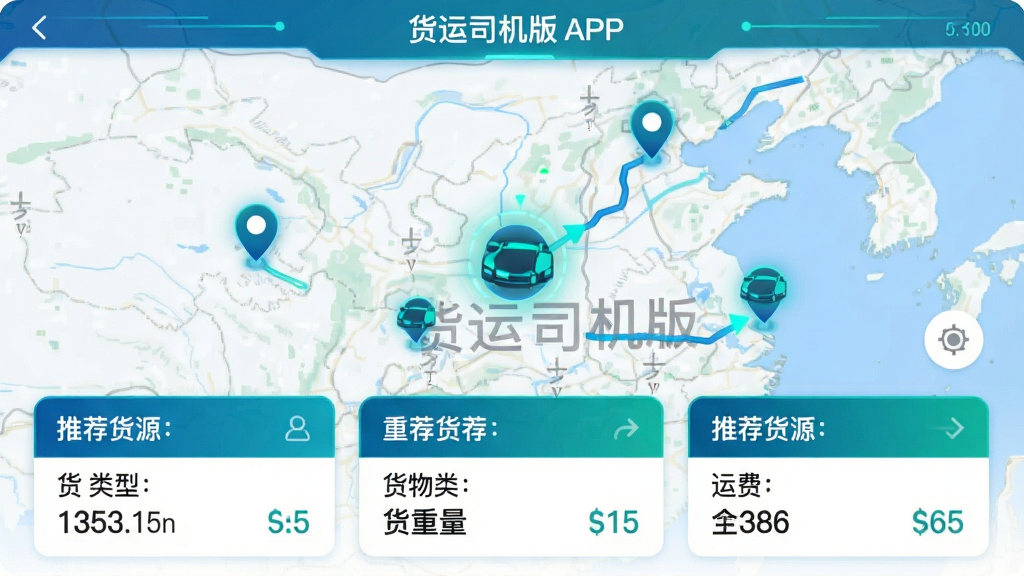 主体:货运司机版APP的智能匹配功能界面,地图上显示货源地标和推荐路线,车辆图标闪烁。布局:地图占主要区域,下方显示推荐货源卡片。排版:卡片式设计,信息简洁。风格:科技感,蓝绿色调。细节:地图上有“货运司机版”水印,卡片显示货物类型、重量、运费。画质:高清,干净,无多余元素。
