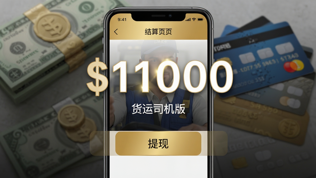 主体:货运司机版APP结算页面,显示运费金额和提现按钮,背景有现金和银行卡元素。布局:页面居中,金额数字突出。排版:简洁大方,按钮醒目。风格:商务简约,金色和白色搭配。细节:金额数字大号显示,下方有“货运司机版”字样。画质:高清,干净,无多余元素。