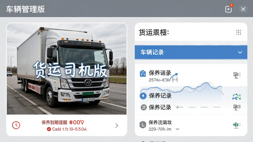 主体:货运司机版APP车辆管理界面,显示车辆照片和保养记录列表。布局:车辆图片在左,信息在右。排版:列表式,清晰易读。风格:简洁实用,灰色和蓝色调。细节:车辆图片上标有“货运司机版”,下方有保养到期提醒。画质:高清,干净,无多余元素。