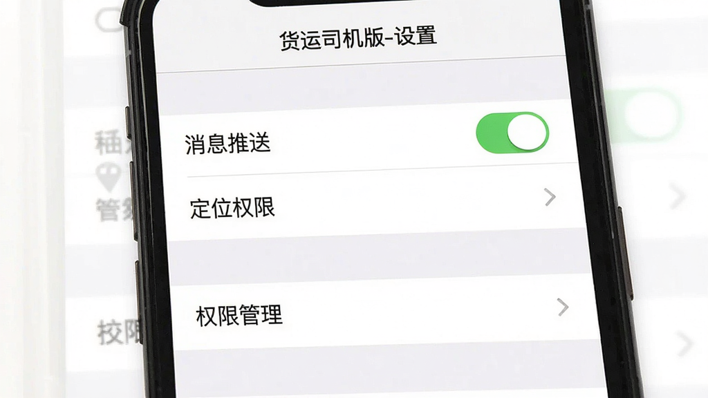 主体:手机截图展示货运司机版设置界面,有通知开关和权限管理选项。布局:屏幕居中,设置项排列有序。排版:简洁清晰。风格:系统风格,白色背景。细节:顶部显示“货运司机版-设置”,有“消息推送”、“定位权限”等选项。画质:高清,干净,无多余元素。