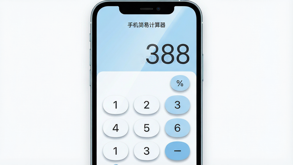 主体:一部运行着简洁计算器界面的智能手机,屏幕显示着“手机简易计算器”的名称和清晰的数字按键。布局:手机居中,屏幕内容作为视觉焦点,周围留白干净。排版:界面UI设计扁平化,大数字显示区在屏幕上方,下方为排列整齐的圆角方形数字键。风格:现代简约、清爽、科技感。细节:数字键有轻微的按压阴影效果,屏幕反射出柔和的光线,整体色调以浅蓝和白色为主。画质:高清、细腻、干净、无多余元素。