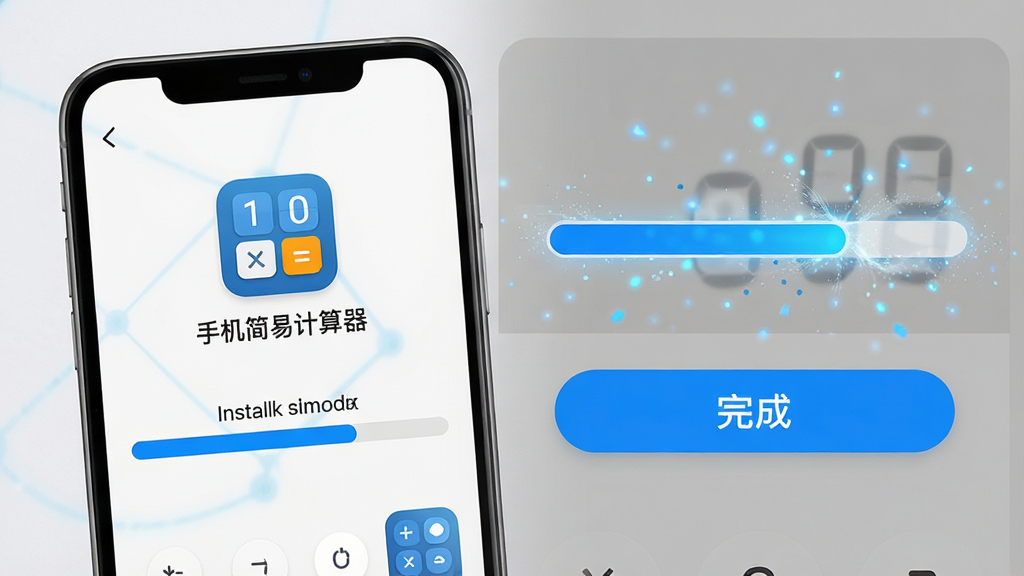 主体:一部手机正在下载并安装“手机简易计算器”应用,屏幕上有安装进度条。布局:手机位于画面左侧,右侧为放大的安装进度条和“完成”按钮。排版:安装界面简洁,有应用图标和名称。风格:写实、清晰、教程风。细节:进度条显示蓝色,周围有淡淡的粒子效果。画质:高清、干净、无多余元素。