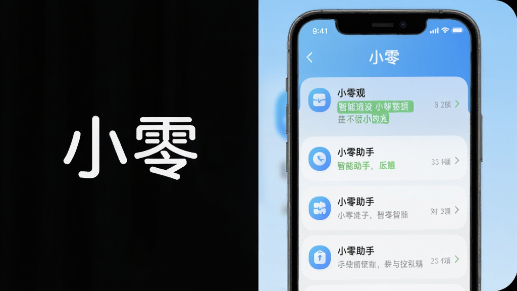 小零app主界面展示,手机屏幕内显示智能助手对话列表,背景为浅蓝色渐变,界面简洁现代,图标圆润,整体风格清新明快,画质高清,干净无多余元素,突出“小零”品牌标识