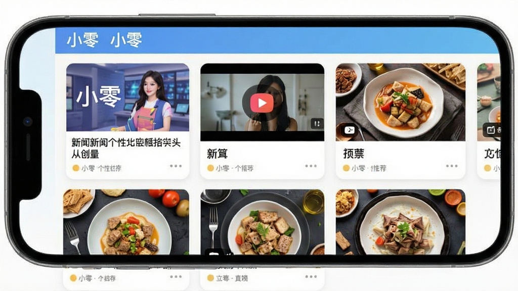小零个性化推荐界面,手机展示信息流卡片,包含新闻、视频、美食等板块,色彩丰富但协调,界面布局合理,风格扁平化,细节精致,画质干净,无多余元素,标注“小零”字样