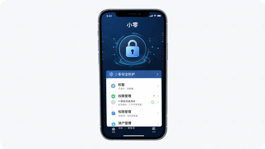小零安全防护界面,手机显示加密锁图标与权限管理列表,背景为深蓝色科技风,元素简洁,布局直观,风格严谨,细节丰富,画质高清,干净无多余元素,标注“小零”