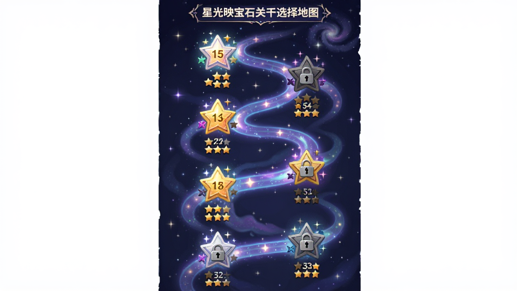 主体:星光映宝石关卡选择地图,显示多个星星节点;布局:地图纵向延伸,节点错落有致;排版:清晰显示关卡编号和星星评价;风格:梦幻星空主题,道路发光;细节:部分关卡带锁,有活动标记;画质:高分辨率,干净,无多余元素
