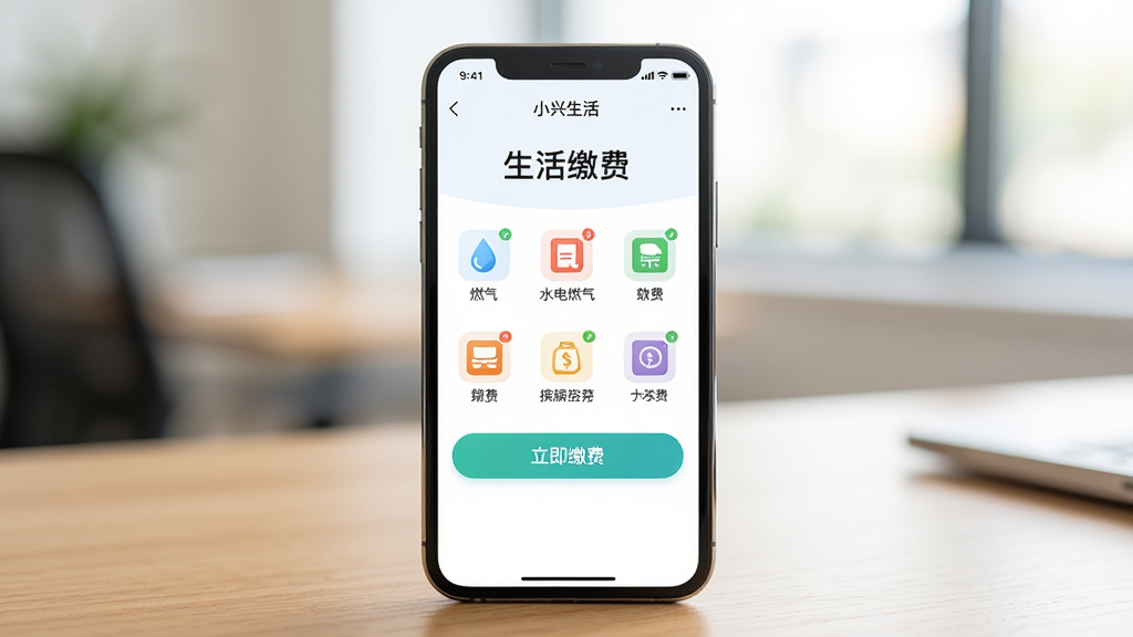 图片主体为手机屏幕特写,展示小兴生活APP的缴费页面,页面显示“生活缴费”字样,下方有水电燃气等多个缴费图标和“立即缴费”按钮。手机放置在木质桌面上,背景虚化,光线柔和明亮,构图以手机为中心,文字清晰可见,画面干净整洁,无多余元素。