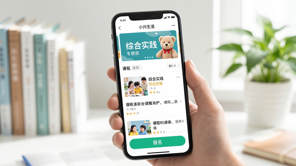 画面展示小兴生活APP中的课程详情页面,屏幕上有“综合实践”专题横幅、课程列表及报名按钮,手机被手拿着,背景是明亮的书房环境,有书本和绿植。构图突出屏幕内容,文字“小兴生活”出现在顶部状态栏,画质清晰,风格干净明亮,无多余元素。