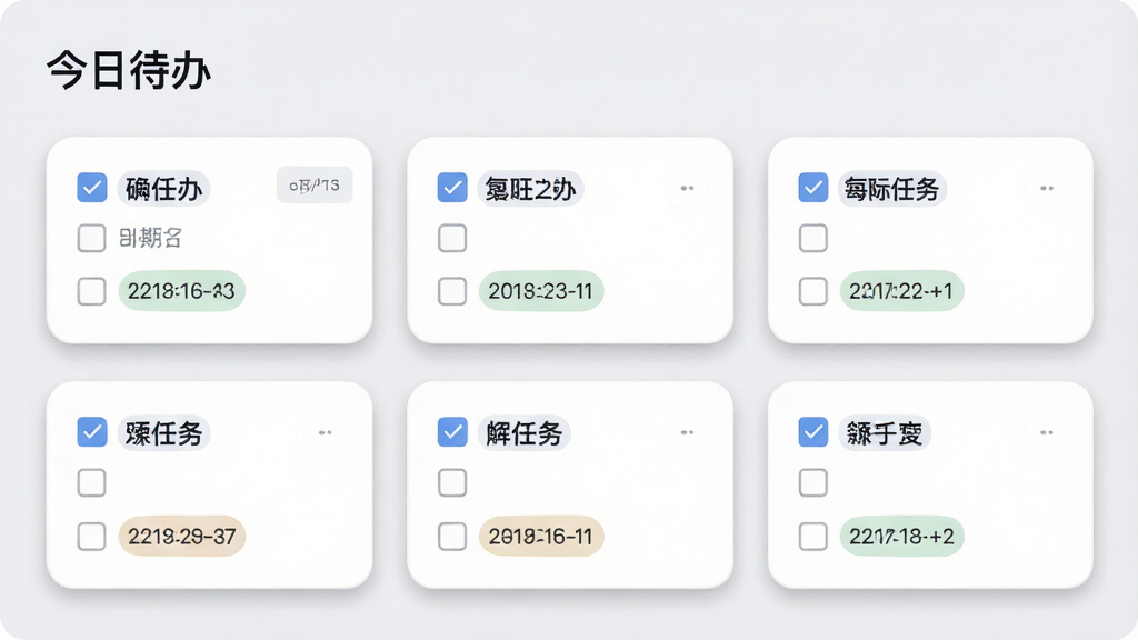 Inzx任务清单页面,展示多个任务卡片,带有复选框和日期标签,顶部有“今日待办”标题,背景为淡灰色,卡片有圆角阴影,风格扁平化,画质干净,无多余元素