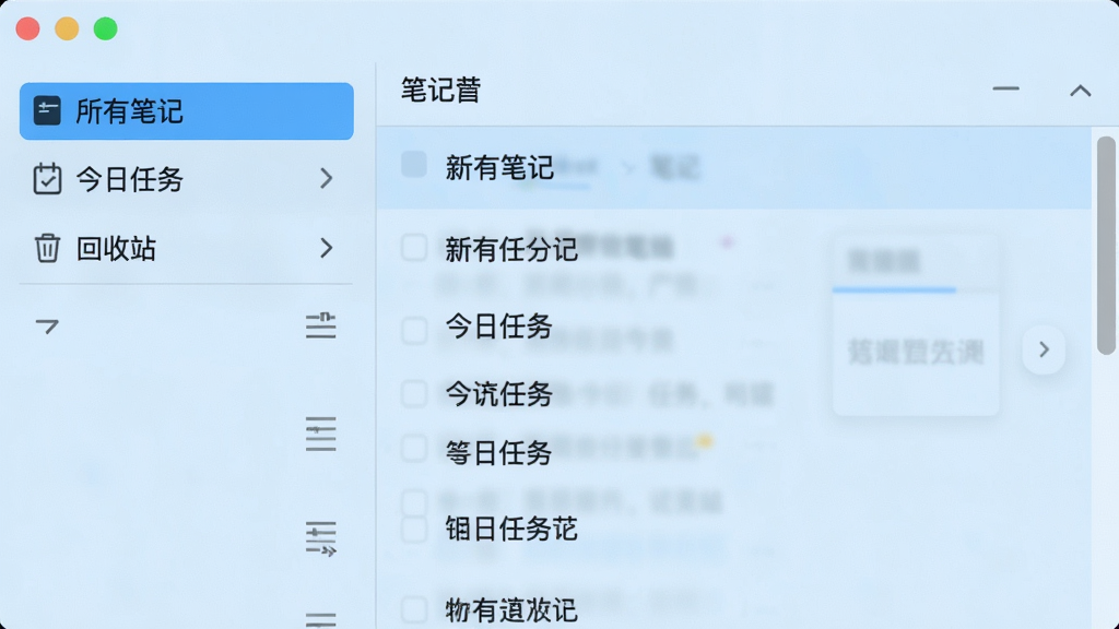 Inzx软件操作界面截图,展示侧边栏和笔记列表,侧边栏有“所有笔记”、“今日任务”、“回收站”选项,背景为浅蓝色,风格清爽,画质干净,无多余元素