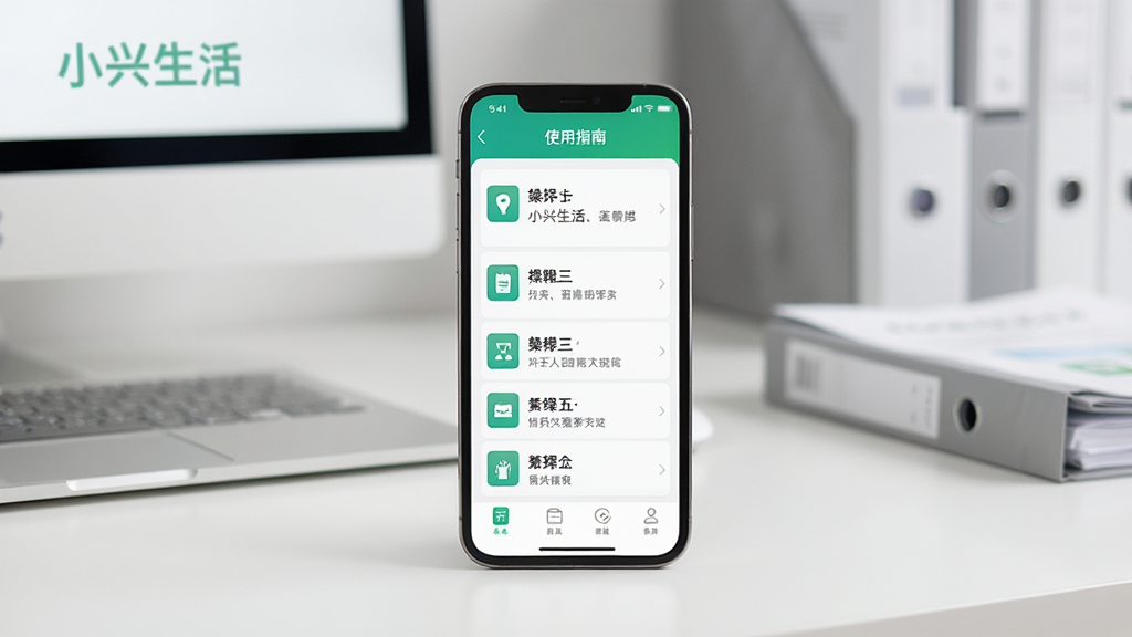 手机屏幕展示小兴生活APP的“使用指南”页面,页面以列表形式展示操作步骤,手机放置在简约办公桌上,背景有电脑和文件,构图清晰明亮,文字“小兴生活”可见,风格写实干净,无多余元素。