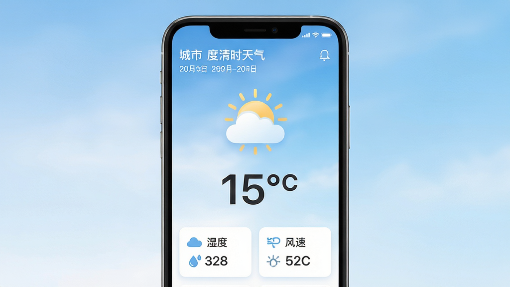 主体:一款名为“度清时天气”的智能手机应用界面,屏幕中央显示今日天气状况与温度。布局:手机竖屏居中,界面简洁,顶部为城市名称与日期,中部为大型天气图标与温度数字,下方为湿度、风速等数据卡片。排版:现代扁平化设计,信息层级分明,留白充足。风格:清新自然,蓝色与白色为主色调,体现晴朗天空的视觉感受。细节:天气图标精致,温度数字使用大号无衬线字体,背景为柔和渐变天空。画质:高清渲染,干净无多余元素。