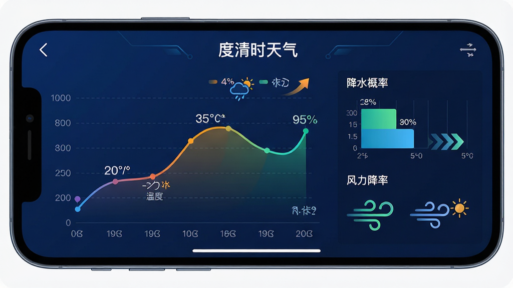 主体:手机屏幕上显示“度清时天气”的实时预报页面,展示逐小时温度曲线与降水概率。布局:手机横屏展示,左侧为温度折线图,右侧为降水概率条与风力风向图标。排版:图表清晰,数据标签易读,色彩区分不同气象要素。风格:专业科技感,深蓝背景搭配亮色数据线条。细节:温度曲线平滑,降水概率以百分比显示,风力图标动态箭头。画质:高分辨率,界面干净无广告干扰。