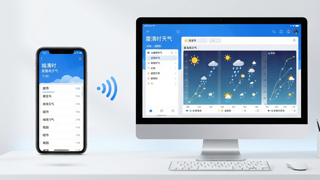 主体:一部手机和一台电脑并排,屏幕上均显示“度清时天气”应用界面。布局:左侧手机竖屏,右侧电脑横屏,背景为简洁桌面。排版:两者界面清晰,手机与电脑通过无线图标连接。风格:科技感,蓝白主色。细节:手机端显示城市列表,电脑端显示详细气象图表。画质:高清,干净无多余元素。