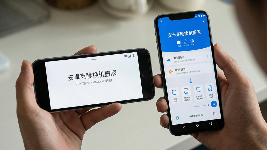 画面主体为一位用户手持两部手机,正在按照屏幕上的指引进行数据迁移,屏幕上显示