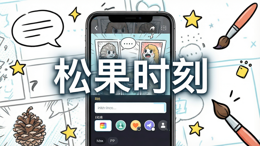 一张展示松果时刻APP核心功能的宽幅宣传图,画面中央是一部运行中的智能手机,屏幕内显示AI漫画生成界面,有输入框和风格选择面板,背景为充满创意的手绘漫画元素,如对话框、星星、画笔,主体突出“松果时刻”四字,布局干净,排版现代,风格清新明亮,细节丰富,画质高清,干净,无多余元素
