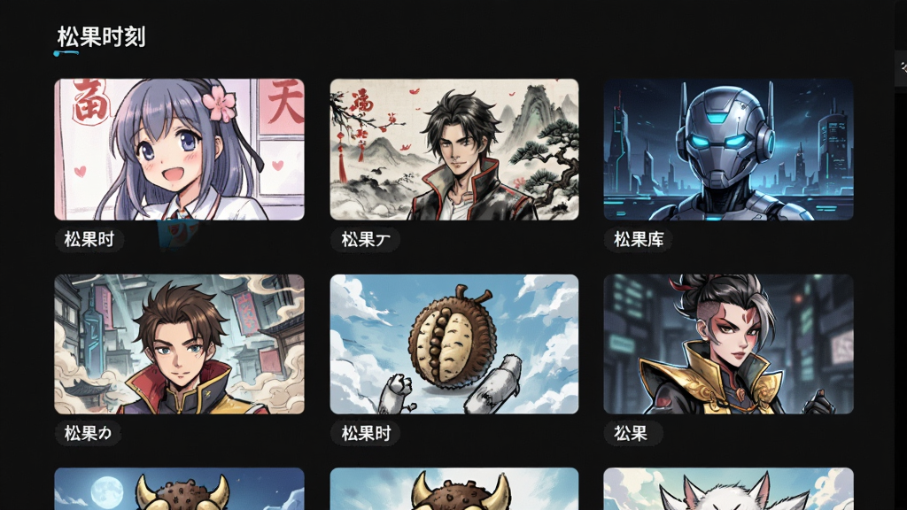 松果时刻风格模型库展示页面,以网格形式陈列多种漫画风格缩略图,包括日系、国风、科幻等,界面以深色背景衬托彩色缩略图,主体为“松果时刻”风格选择界面,布局规整,排版简洁,细节有风格名称标签,画质清晰,干净,无多余元素