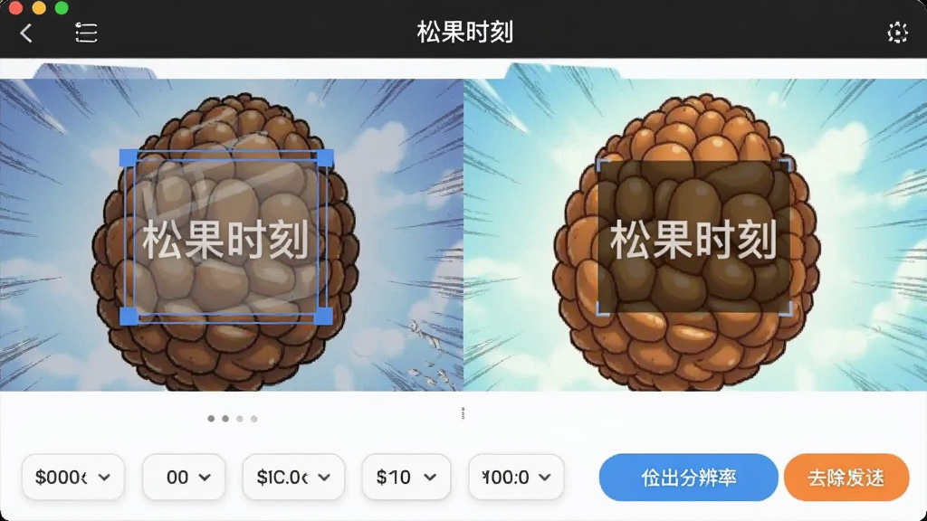 松果时刻去水印功能对比图,左半部分为带有水印的漫画图片,右半部分为去除水印后的干净画面,并在下方显示导出分辨率选项,主体为“松果时刻”处理界面,布局对比鲜明,排版直观,细节有水印识别框和导出按钮,画质出色,干净,无多余元素