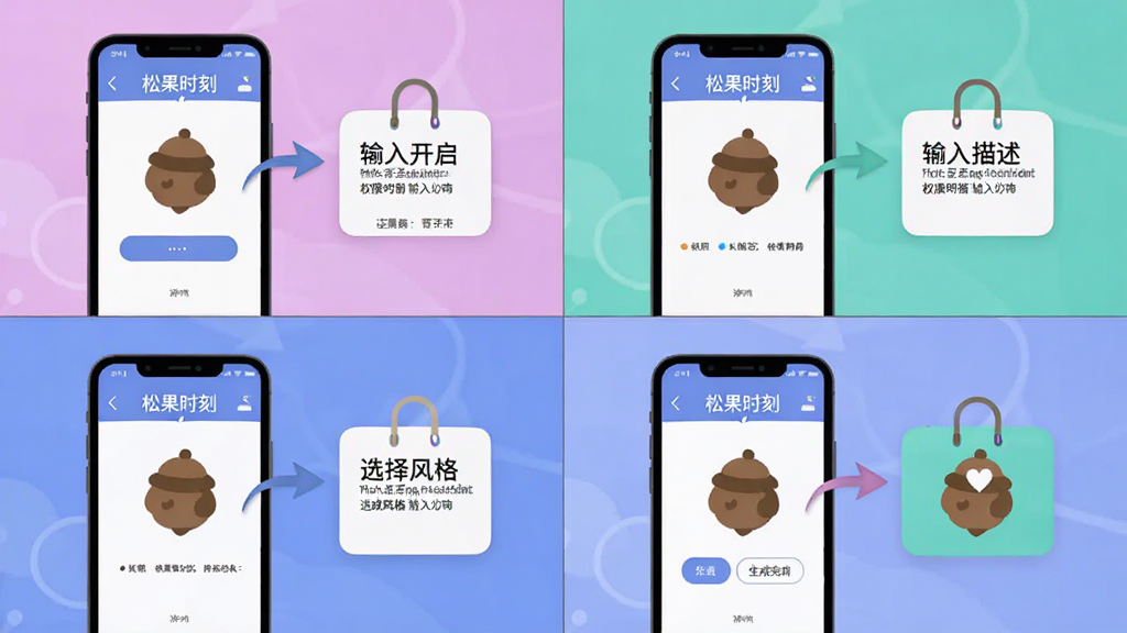 松果时刻使用指南插图,展示手机操作步骤,画面分为四个小图,依次为权限开启、输入描述、选择风格、生成完成,整体风格扁平化,主体为“松果时刻”应用,布局有序,排版清晰,细节有箭头指示,画质干净,无多余元素