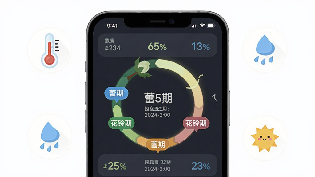 棉花果Plus应用界面截图风格插画,画面中央为智能手机展示棉花生长阶段环形进度图,图上有“蕾期”、“花铃期”等彩色标签,周围环绕温度计、雨滴和太阳小图标。布局居中对称,风格扁平清新,细节包括数据百分比与日期提示,画质干净明亮,无多余元素。