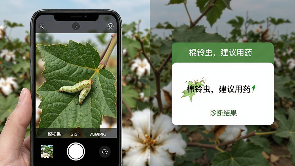 棉花果Plus病虫害识别功能演示图,画面左侧为手机拍照识别棉花叶片上的棉铃虫,右侧弹出诊断结果卡片,显示“棉铃虫,建议用药”字样。背景为田间棉株,布局分栏清晰,风格写实,细节包括叶片纹理与虫体轮廓,画质高清,无多余元素。