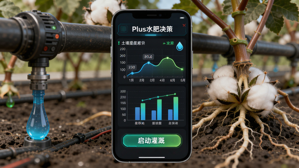 棉花果Plus水肥决策界面示意图,画面中央为手机屏幕展示土壤湿度折线图与推荐施肥量柱状图,下方有“启动灌溉”按钮。背景为滴灌管道与棉花根部特写,布局上下结构,风格科技感,细节包括数值标签与水滴图标,画质明亮,无多余元素。