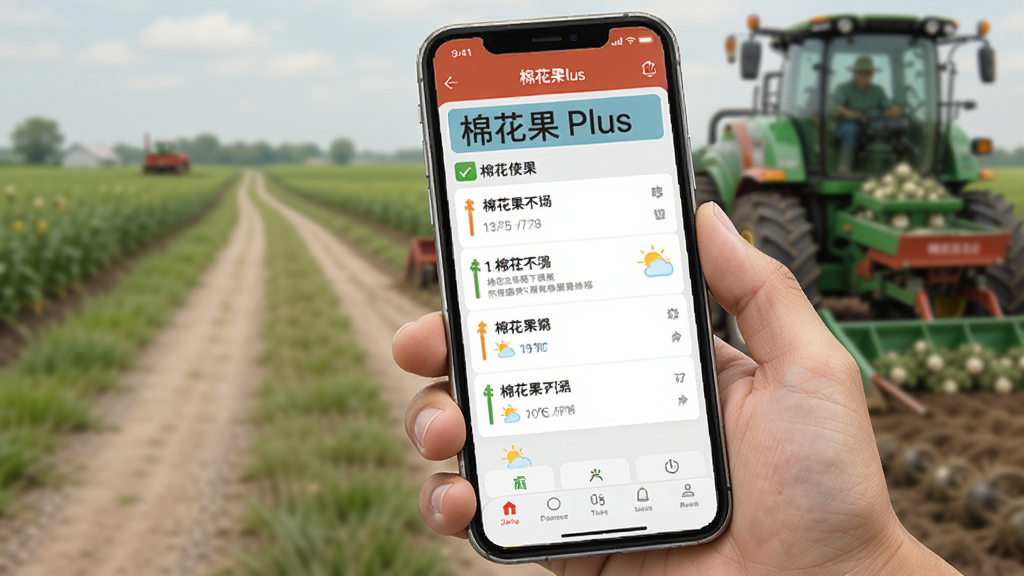 棉花果Plus使用场景插画,画面展示一部智能手机被一只手握住,屏幕显示棉花果Plus主界面,背景为模糊的田间小路与农用机械。布局为手持设备特写,风格写实,细节包括屏幕上的任务列表与天气图标,画质清晰干净,无多余元素。