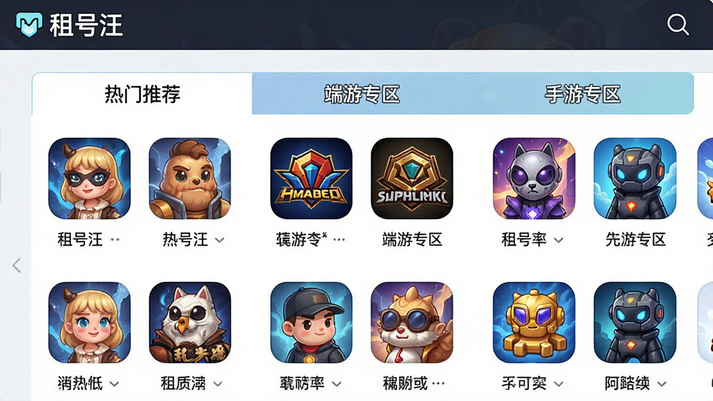 一张租号汪软件的游戏分类界面截图,展示“热门推荐”、“端游专区”、“手游专区”等分类标签,每个分类下显示游戏图标和名称,界面清晰,图标精美,整体风格清爽,带有“租号汪”字样,画质高清,干净无多余元素