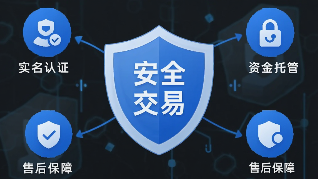 一张展示租号汪安全交易流程的示意图,画面中央是一个盾牌图标,盾牌上写有“安全交易”字样,周围环绕着“实名认证”、“资金托管”、“售后保障”等小图标,整体风格简洁,蓝色色调,文字清晰,画质干净,无多余元素