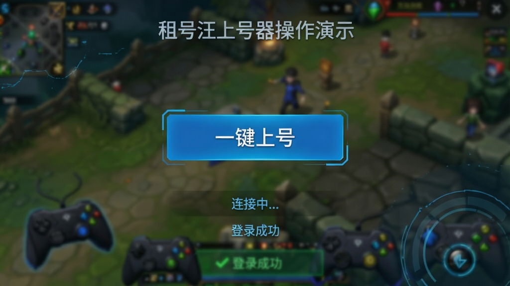 一张租号汪上号器的操作演示截图,画面显示一个简洁的操作界面,中央有一个“一键上号”按钮,背景为模糊的游戏画面,界面下方有“连接中...”、“登录成功”等状态提示,整体风格科技感强,蓝色调,文字清晰,画质高清,干净无多余元素