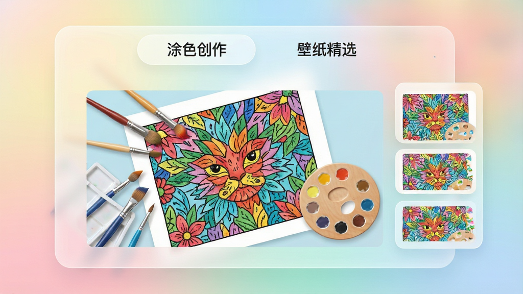 美涂壁纸主界面展示,采用半透明毛玻璃质感,顶部有“涂色创作”与“壁纸精选”两个标签,中间展示一幅色彩斑斓的数字填色画布,画布上散落着画笔和调色盘,右侧悬浮着壁纸预览卡片,背景是柔和的渐变色,整体风格清新明亮,UI布局简洁直观,画质高清细节丰富,干净无多余元素