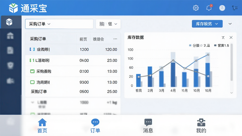 通采宝软件主界面预览图,展示一个整洁的采购管理面板,上方有“通采宝”品牌标识,中间是采购订单列表和库存数据图表,底部导航栏包含首页、订单、消息、我的四个功能按钮,整体采用蓝白配色,扁平化设计风格,界面干净清爽,画质高清,无多余元素