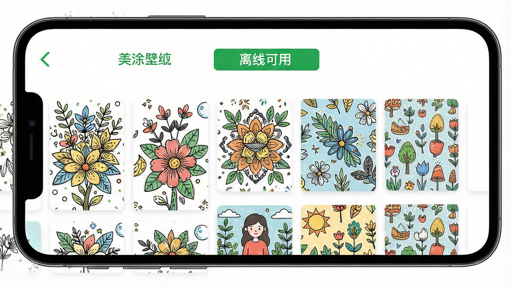 美涂壁纸离线模式界面,手机屏幕显示已下载的涂色图库和壁纸合集,顶部有“离线可用”绿色标识,背景为纯白色,整体风格干净清爽,画质清晰,无多余元素