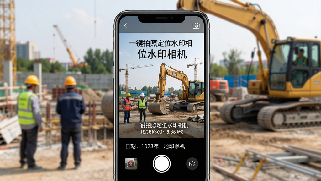 主体:一部智能手机屏幕显示“一键拍照定位水印相机”应用界面,背景为户外施工现场,有工人和工程机械。布局:手机居中,界面清晰展示拍照按钮和日期、地点水印。排版:简洁明快,突出软件名称与核心功能。风格:写实摄影风格,光线自然。细节:水印文字显示“一键拍照定位水印相机”及具体坐标。画质:高清,干净无多余元素。