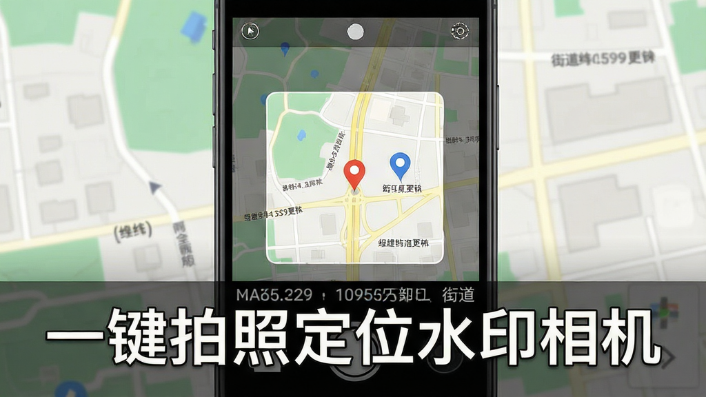 主体:手机地图界面叠加相机水印,显示“一键拍照定位水印相机”字样。布局:地图占据背景,相机取景框居中,水印在底部。排版:信息层级分明,水印清晰可辨。风格:扁平化设计,色彩明快。细节:水印包含经纬度、街道名称。画质:高分辨率,干净无杂物。