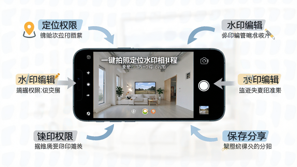 主体:手机横屏显示“一键拍照定位水印相机”使用教程,配有步骤箭头。布局:手机居中,周围环绕操作步骤说明。排版:图文结合,清晰明了。风格:教程风格,简洁直观。细节:标注“定位权限”“水印编辑”“保存分享”等关键词。画质:高清晰度,干净无杂乱。