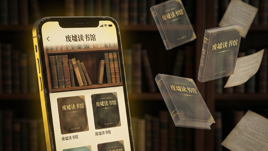 主体:一部亮着暖黄灯光的智能手机,屏幕显示“废墟读书馆”应用界面,界面风格复古文艺,书架陈列着旧书脊。布局:手机居中偏左,右侧悬浮着几本半透明的老旧书籍与飘散的纸张,营造空间层次。排版:手机屏幕内容清晰可辨,显示书籍封面与标题,背景是模糊的深色木质书架。风格:静谧、文艺、复古未来感,光影柔和。细节:屏幕边缘有细微磨损质感,书籍封面有烫金文字“废墟读书馆”。画质:8k超高清,细节丰富,光影自然,干净,无多余元素。