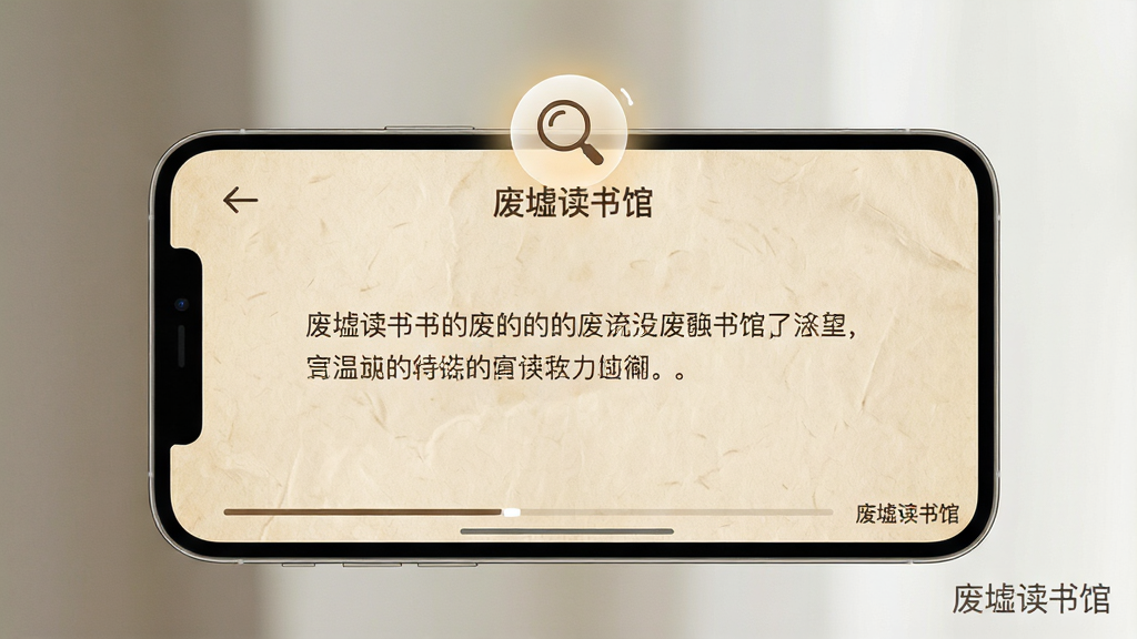 主体:手机横屏显示“废墟读书馆”的阅读界面,背景是米黄色仿纸张纹理,文字排版清晰。布局:界面中央是一段文字,左上角有返回箭头,底部有极简的进度条。风格:极简、舒适、温暖。细节:屏幕上方悬浮着放大镜图标,旁边有微光效果,页面右下角标注“废墟读书馆”水印。画质:高分辨率,柔和自然光,干净,无多余元素。