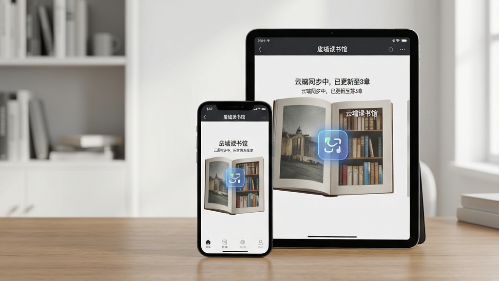 主体:一张木桌上并排放置着两部设备(手机与平板),屏幕均显示“废墟读书馆”应用,界面同步显示同一本书的内容。布局:手机在前,平板在后,形成纵深,屏幕上有同步图标闪烁。风格:商务、现代、整洁。细节:屏幕中显示“云端同步中,已更新至第3章”字样,背景为简洁的书房环境。画质:4k高清,光线明亮,细节锐利,干净,无多余元素。