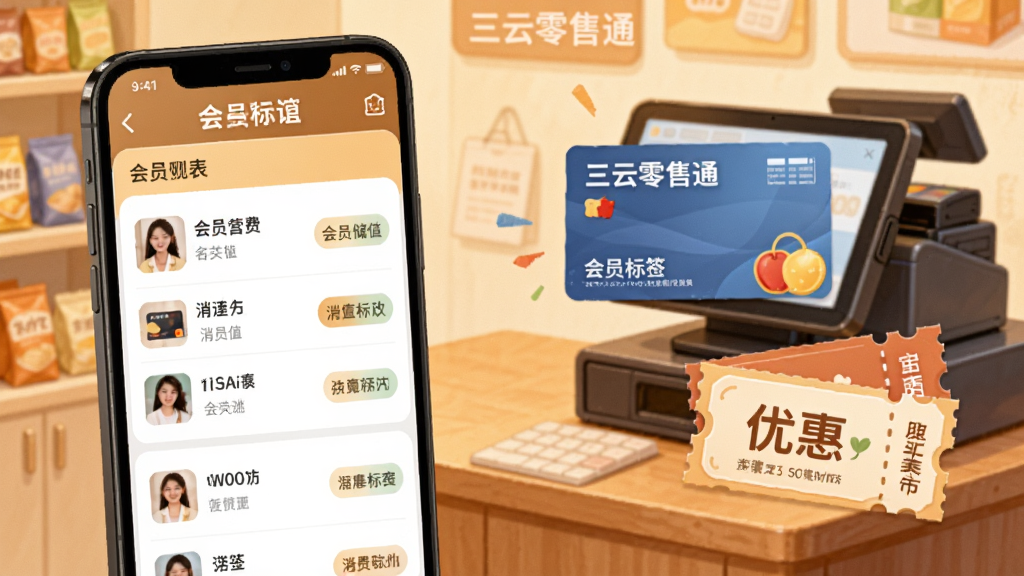 三云零售通会员营销功能预览图,手机屏幕展示会员列表与消费标签,背景为店铺收银台,画面包含会员储值卡与优惠券元素,暖色调,插画风格,布局饱满,细节丰富,画质干净,无多余元素
